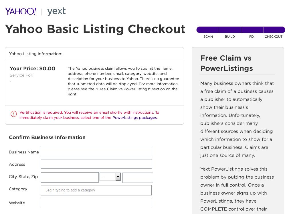 Yahoo basic listing checkout page